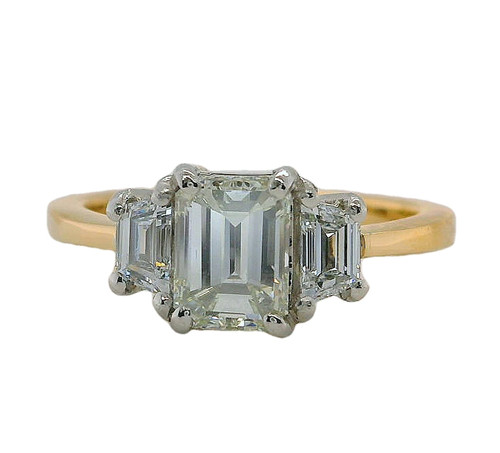 3 Stone Emerald Cut with Trapezoids Ring, 18Kt Yellow Gold & Plat, 1.00ct/0.40ct 1