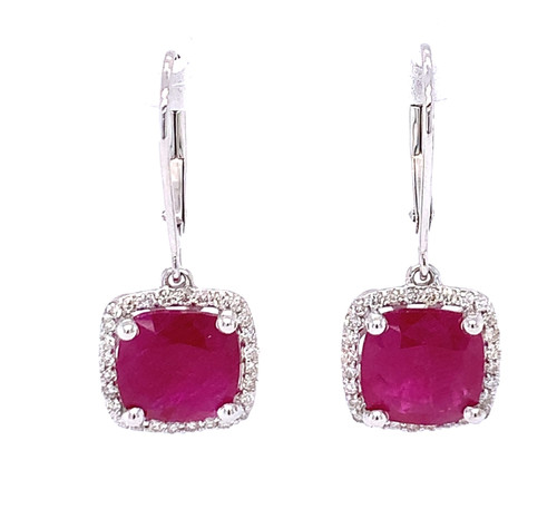 Ruby Cushion Diamond Halo Drop Earrings White/Yellow Gold 0.35ct/5.60ct 1
