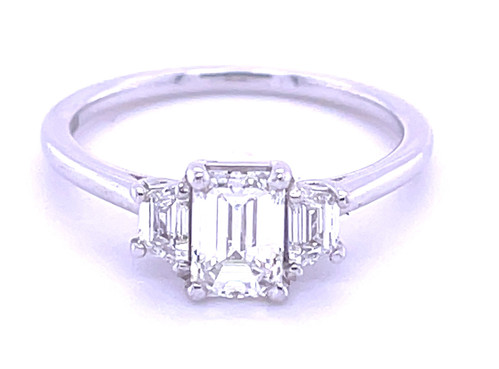 IGI Certified Emerald and Trapezoid 3 Stone Ring, 18kt White Gold, 1.10ct 1