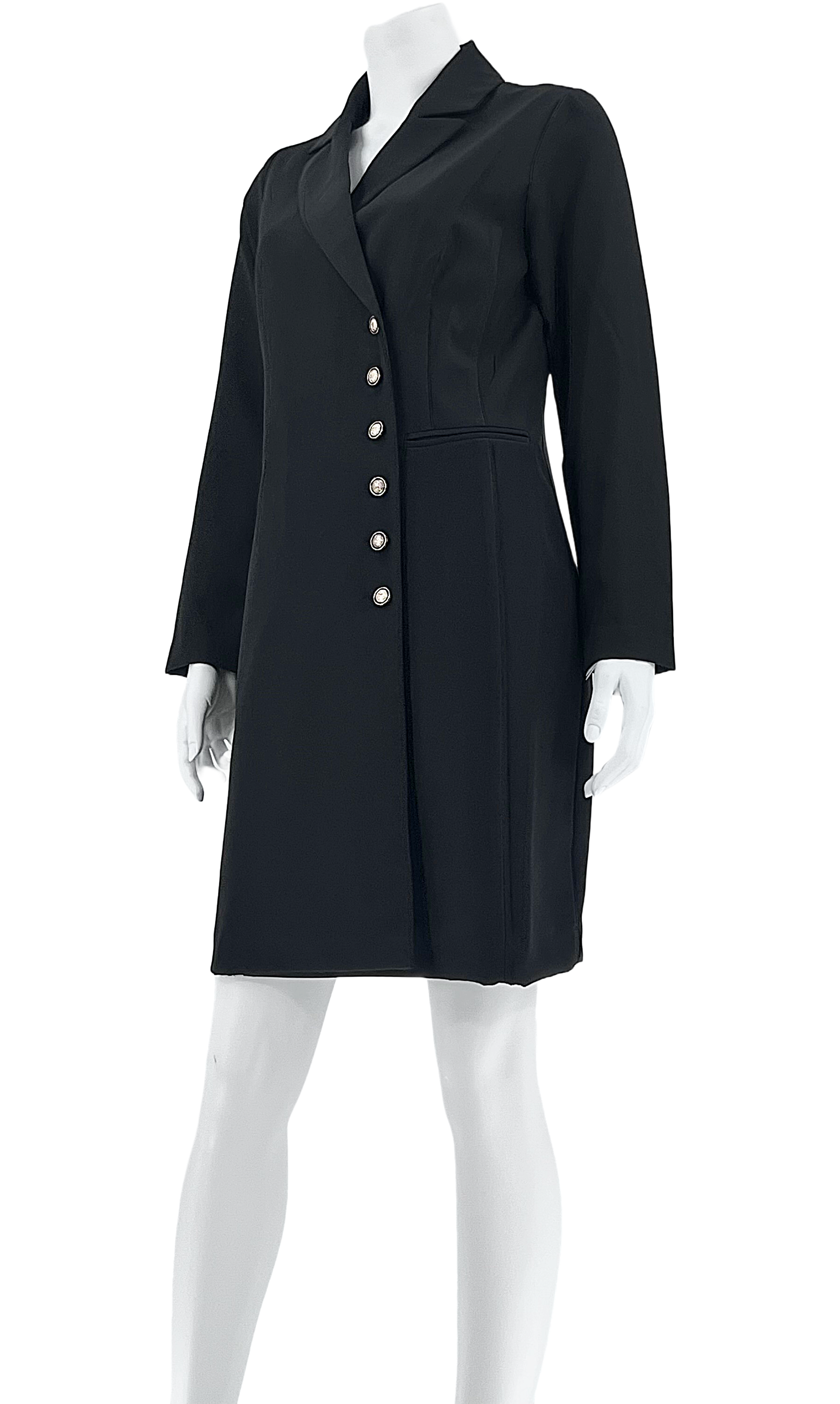 Classic Black Long Blazer Coat with Military-Style Buttons