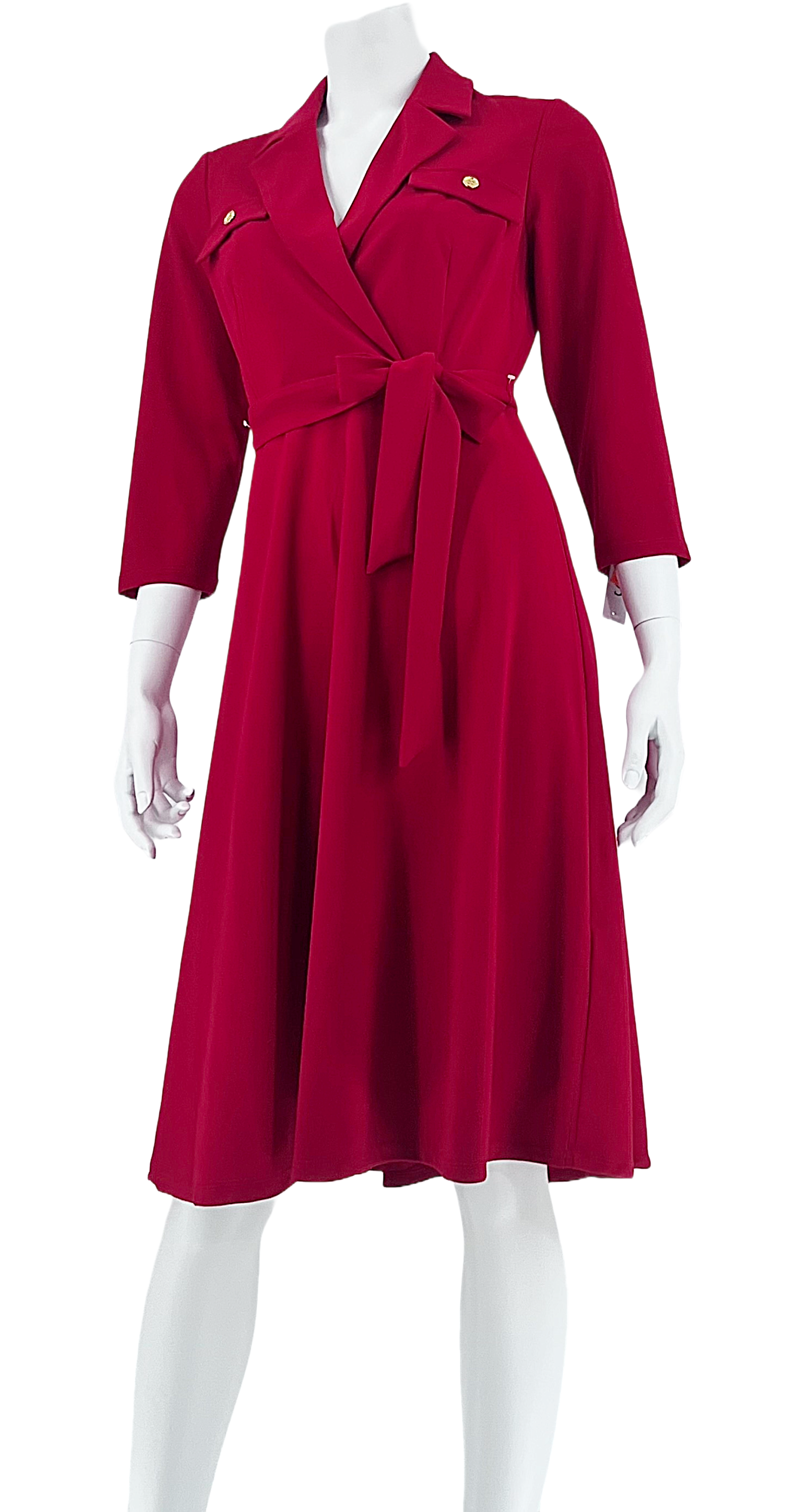 Elegant Red Midi Dress with Tie Waist and Gold Buttons