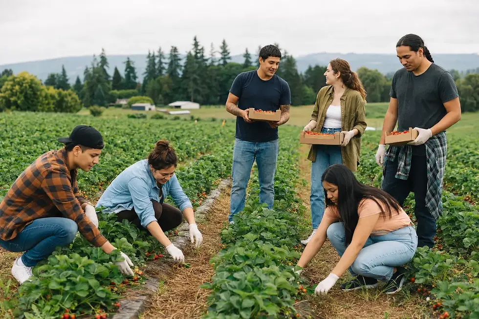 Diverse group of young adults picking strawberries during a community recovery outing near Portland