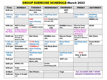 March Group Exercise Schedule