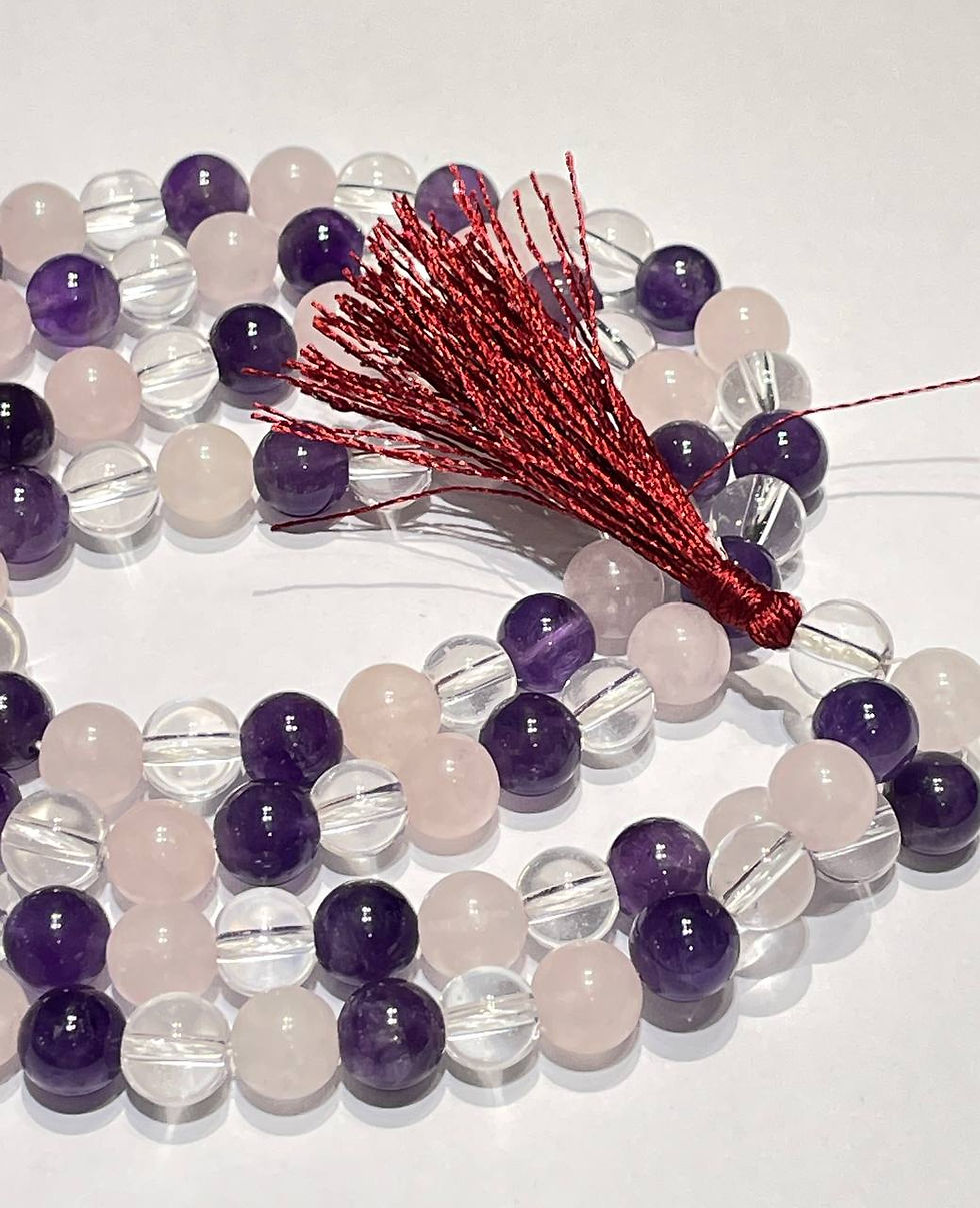Thumbnail: Amethyst + Clear Quartz +Rose Quartz Beads Mala