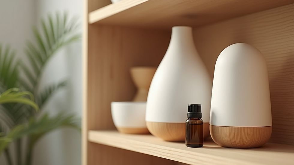Wide angle view of essential oil diffusers on a shelf