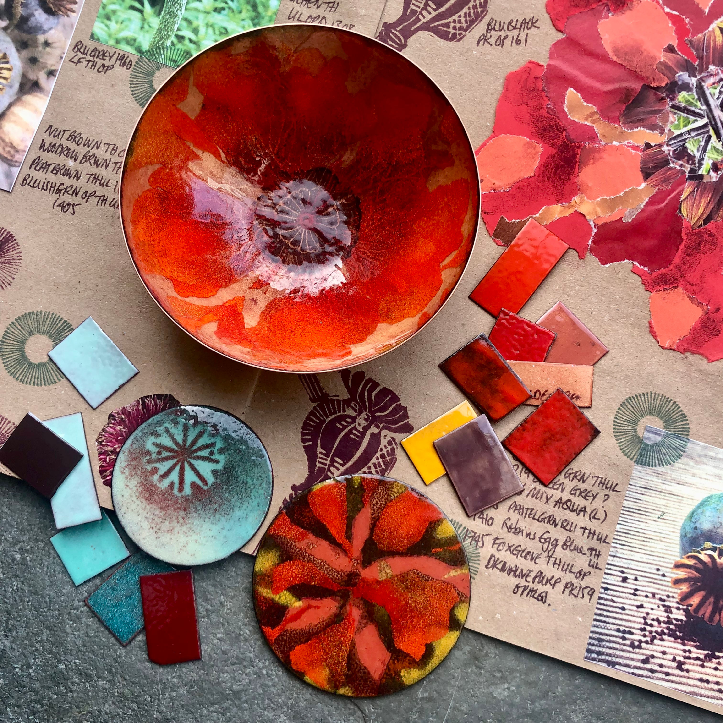 A colourful sketchbook of poppy inspired designs with colour samples and bowls