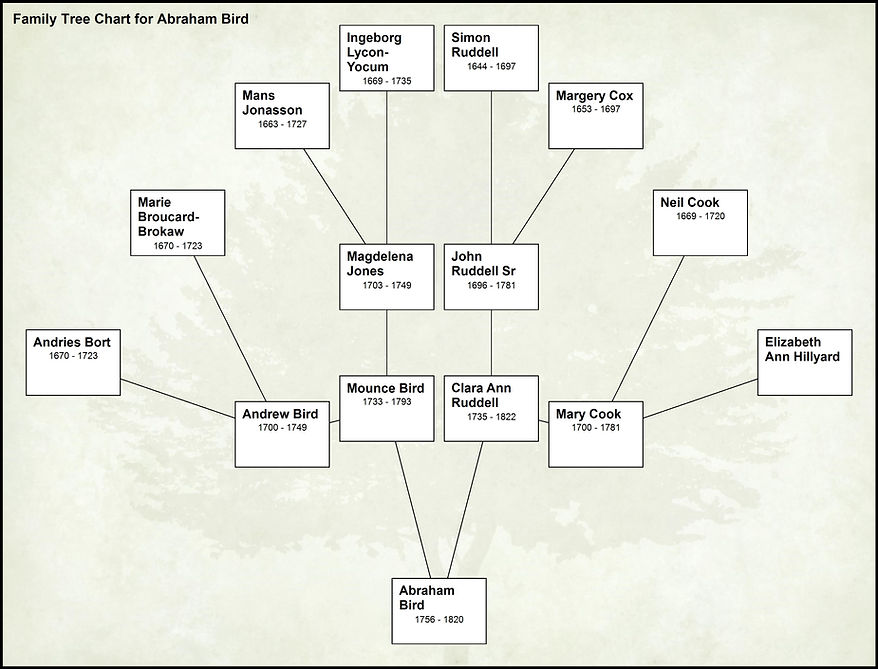 Family Tree Chart, genealogy, Abraham Bird, Mounce Bird, Andrew Bird, Magdelena Jones, Clara Ann Ruddell, Andries Bort, Marie Broucard-Brokaw, Ingeborg Lycon-Yocum, Mans Jonasson
