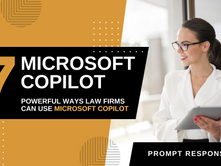 A female law firm professional in a white suit using Microsoft Copilot on a smart tablet in the office