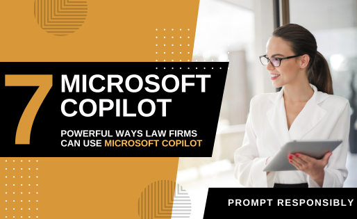 A female law firm professional in a white suit using Microsoft Copilot on a smart tablet in the office