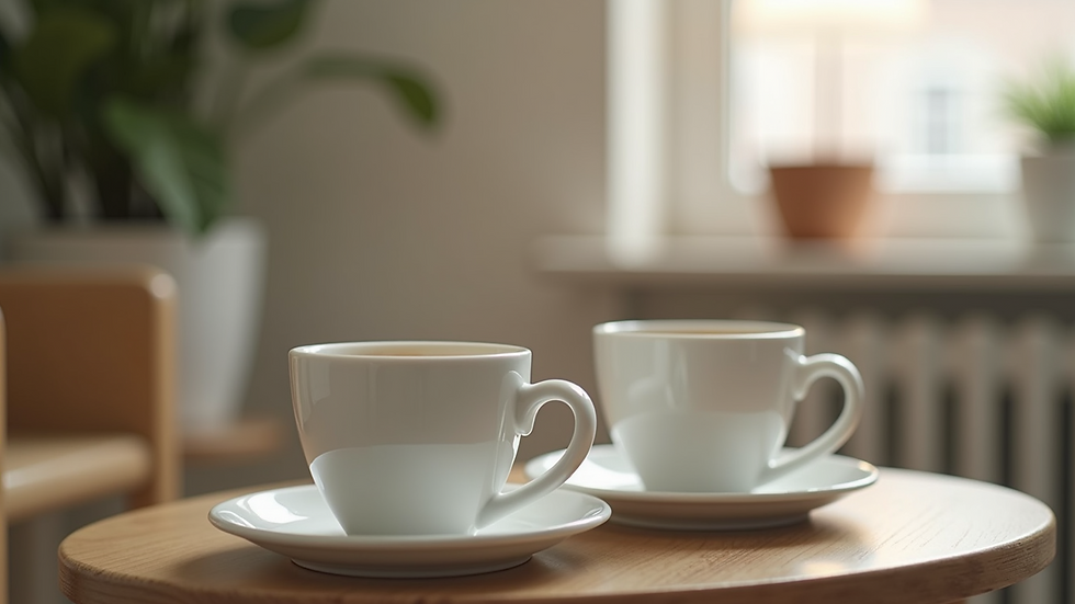 Close-up view of two coffee cups on a small table in a therapy room