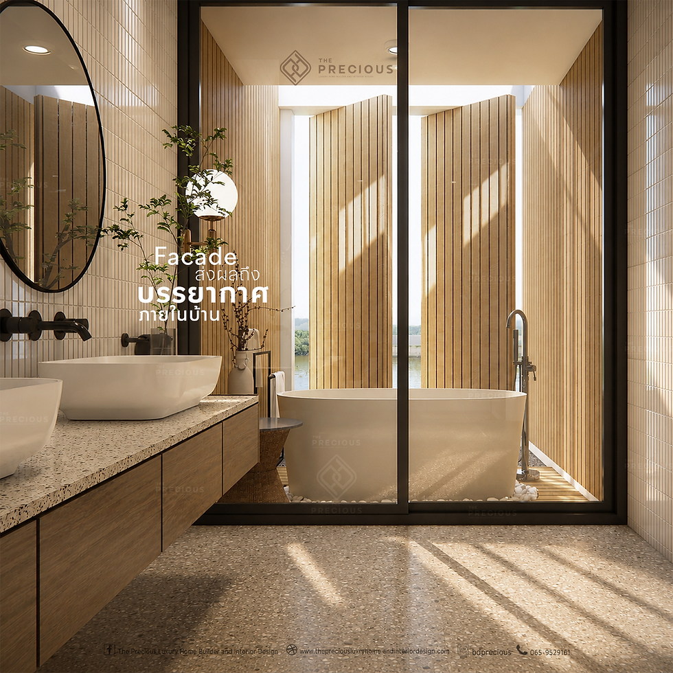 Modern bathroom with wood slat facade, soaking tub and double sinks; text reads Facade and Thai words about natural airflow and privacy