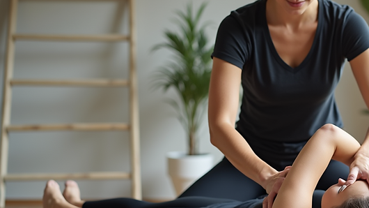 Close-up view of Pilates instructor adjusting a client’s posture during a session