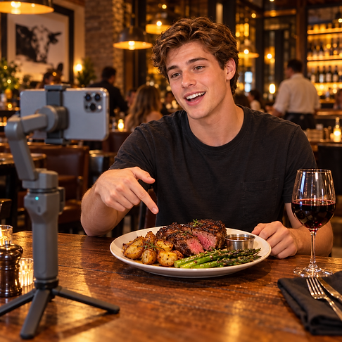 Male influencer reviews a restaurant meal for his TripTips followers
