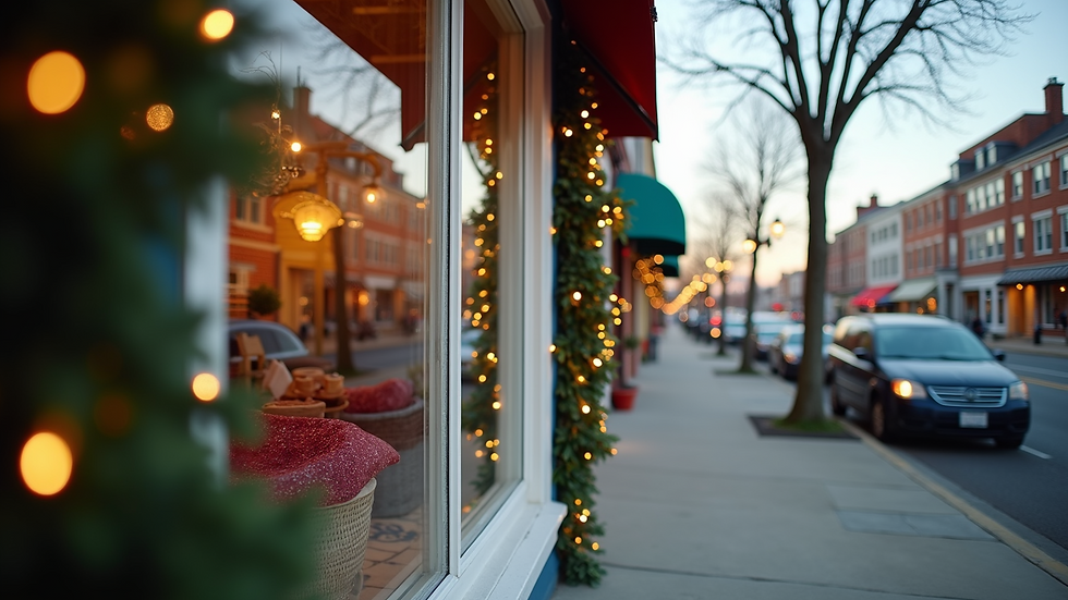 Eye-level view of a local business storefront decorated for a community event