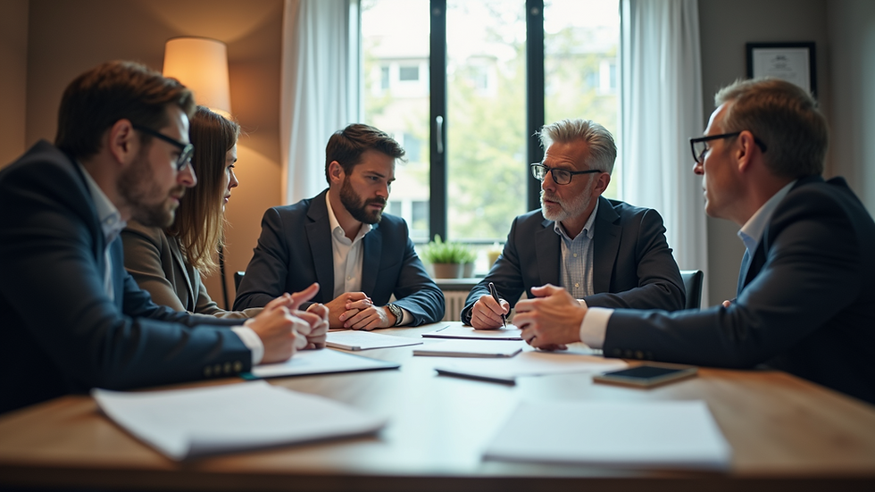 Eye-level view of a business team discussing marketing strategies around a table