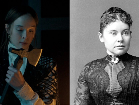 Ella Beatty as Lizzie Borden next to a real portrait of Lizzie Borden.