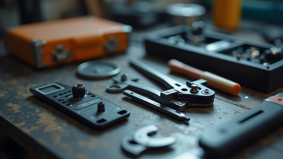 Close-up view of mobile repair tools arranged on a workbench