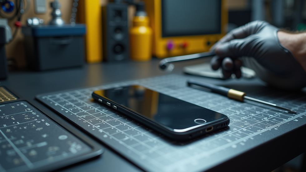Eye-level view of a mobile repair workspace with tools and a smartphone on a repair mat