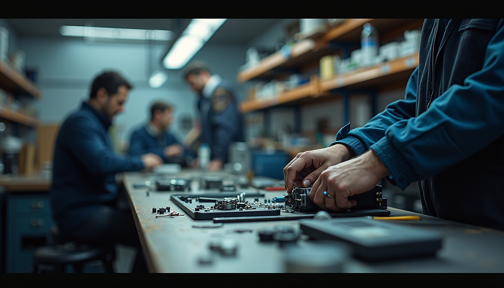 Eye-level view of a repair workshop with tools and equipment arranged neatly
