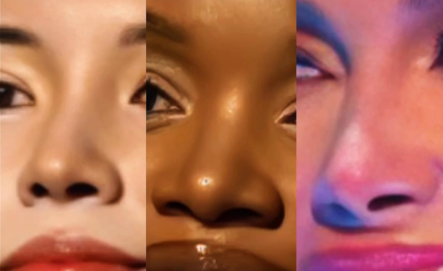 Close-up collage of three different faces with varied skin tones. Each face shows a distinct expression, set against a gradient background.