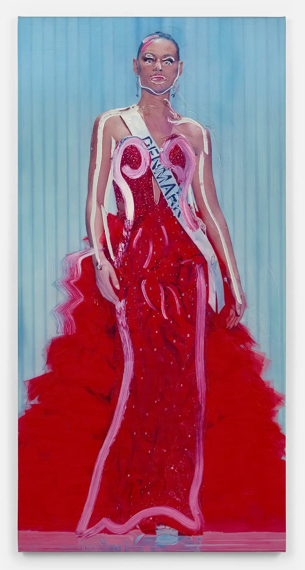 A painting of a person in a detailed red dress with a "DENMARK" sash. Set against a blue striped background, portraying elegance.