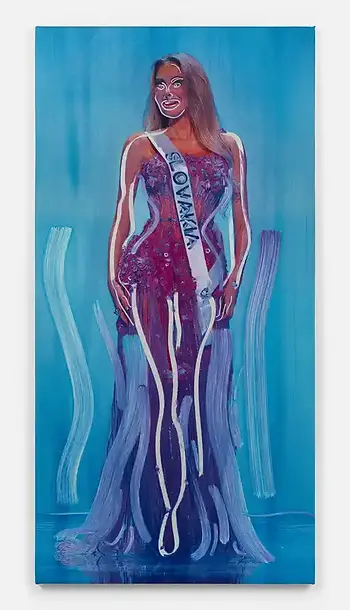 Painting of a woman in a glittery dress with "SLOVAKIA" sash, against a blue background. Brushstrokes create dynamic patterns.