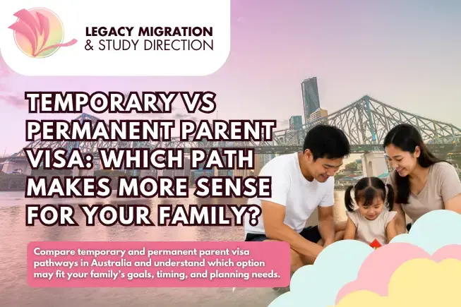 Legacy Migration graphic comparing temporary and permanent parent visa pathways for families in Australia.
