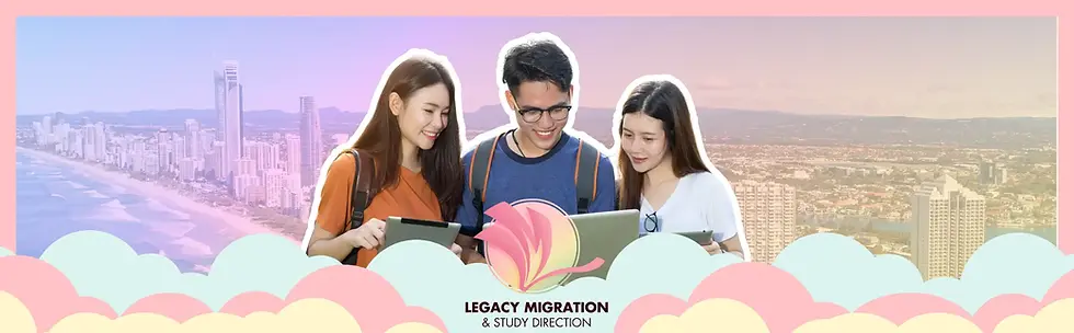 Legacy Migration banner featuring students with tablets and laptop, pastel clouds, and Australian city skyline.