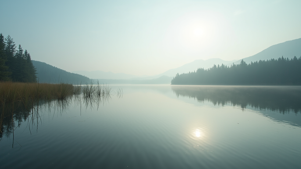 Eye-level view of a serene landscape with a calm lake