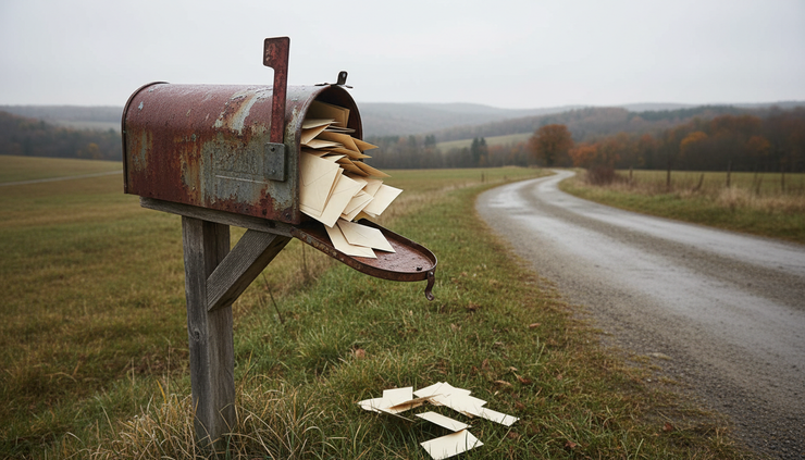 Eye-level view of a locked mailbox overflowing with unopened envelopes beside a quiet road.