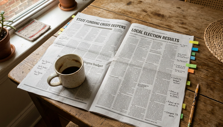 Close-up of printed newspaper pages with handwritten notes and colored tabs on a wooden kitchen table.