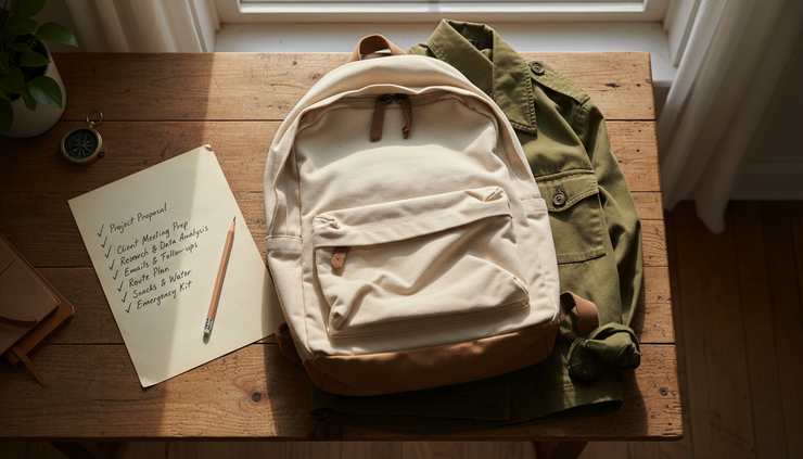 Overhead view of a handwritten checklist beside a backpack and pencil on a wooden table.