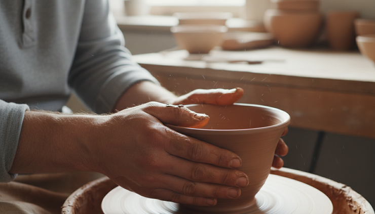 Close-up view of a ceramic bowl being reshaped by careful hands.