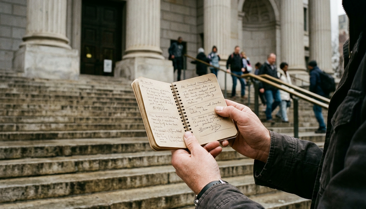 Eye-level view of a small spiral notebook held open near the steps of a city courthouse.