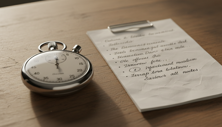 Close-up of a stopwatch resting beside handwritten interview notes.