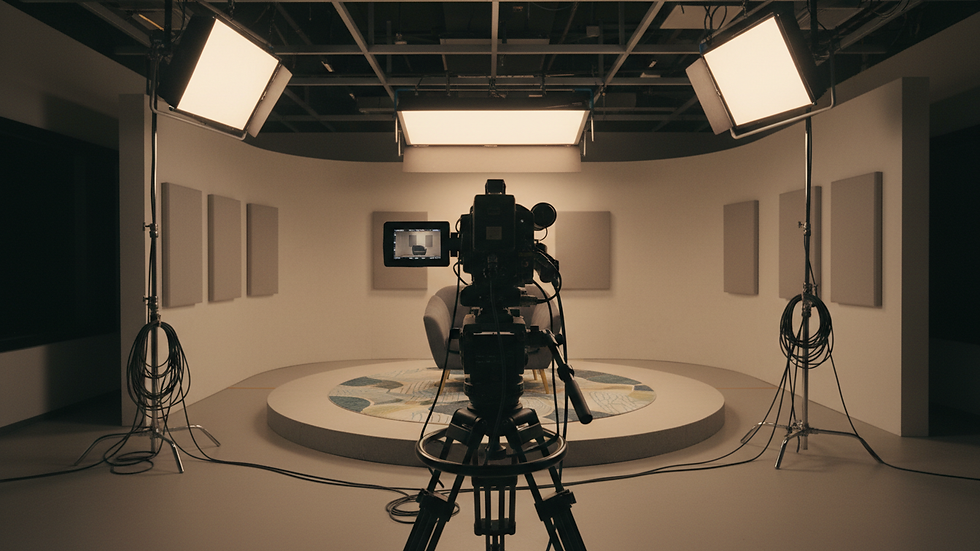 Close-up view of a television studio camera facing an empty guest chair.