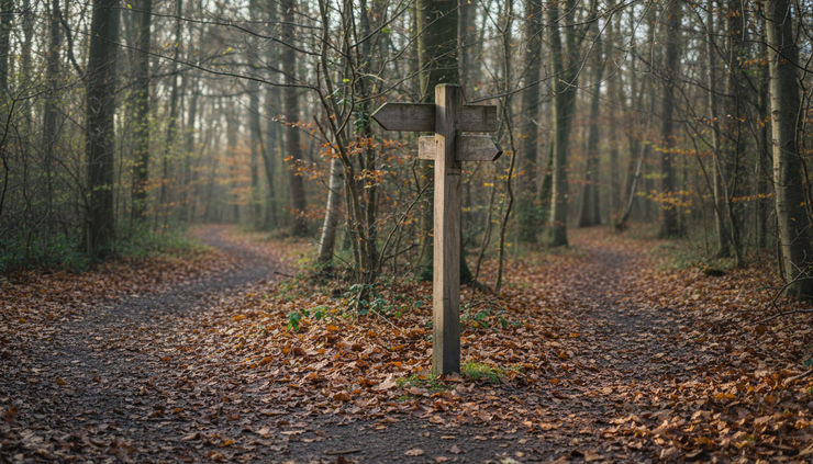 Wide-angle view of a wooden trail marker at a fork in a forest path.
