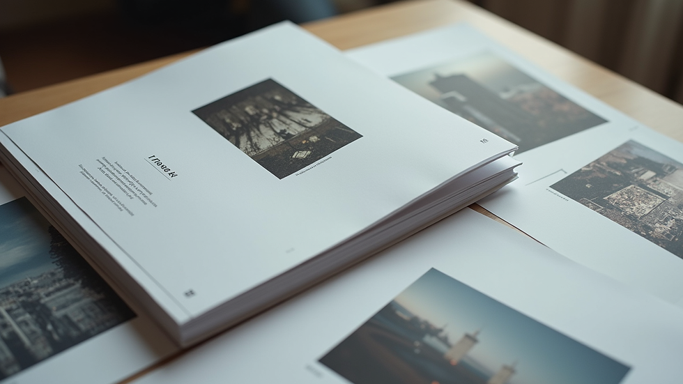 Close-up view of a press kit with printed materials and photos