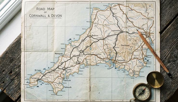 Overhead view of a paper map with a pencil line connecting several marked stops.