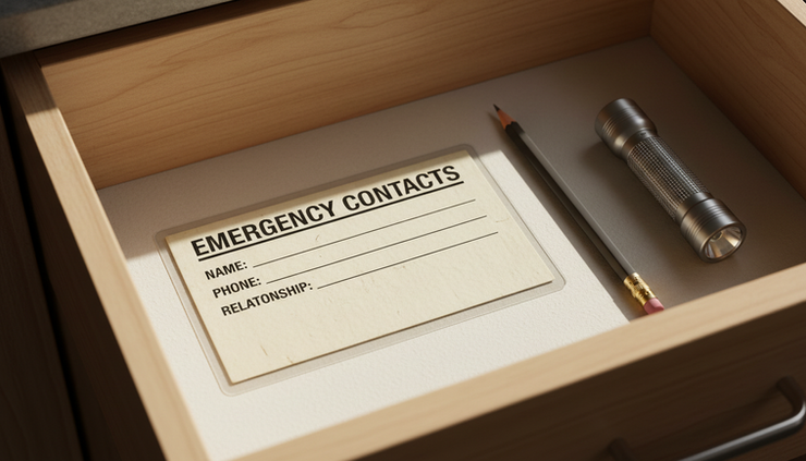 Close-up view of a printed contact card inside a kitchen drawer.