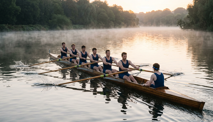 Wide-angle view of a rowing team moving across a calm river at sunrise.