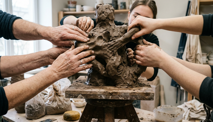 Wide-angle view of a clay sculpture being reshaped by too many hands