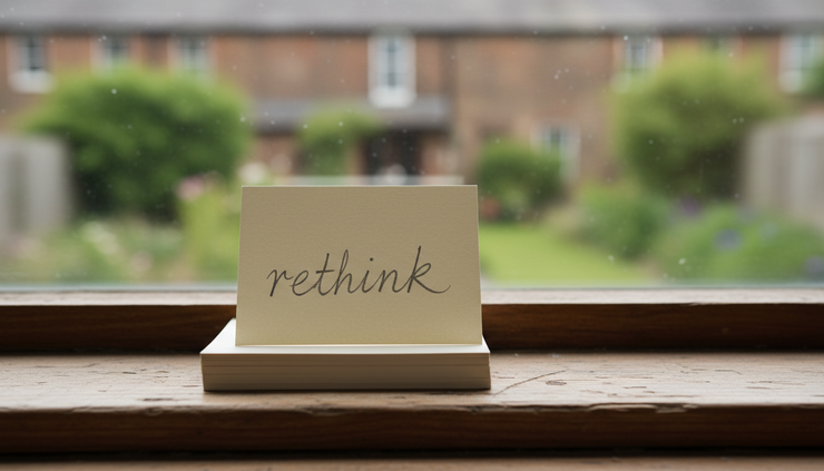 Close-up view of a stack of index cards with one card labeled rethink in pencil.