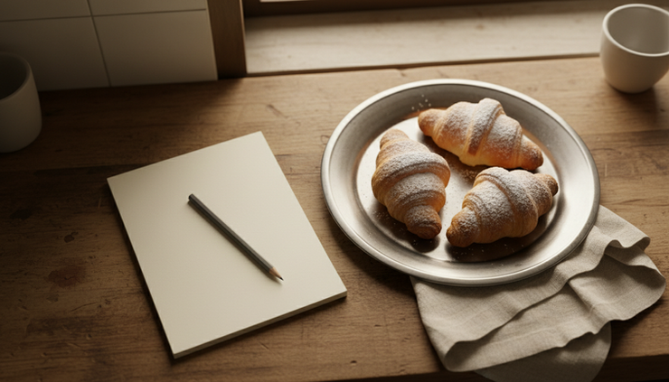 Overhead view of a small café counter with a notebook and a pencil beside a pastry tray