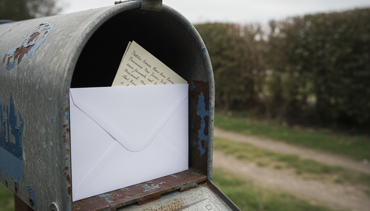 Eye-level view of a single envelope in a metal mailbox with a handwritten note peeking out.