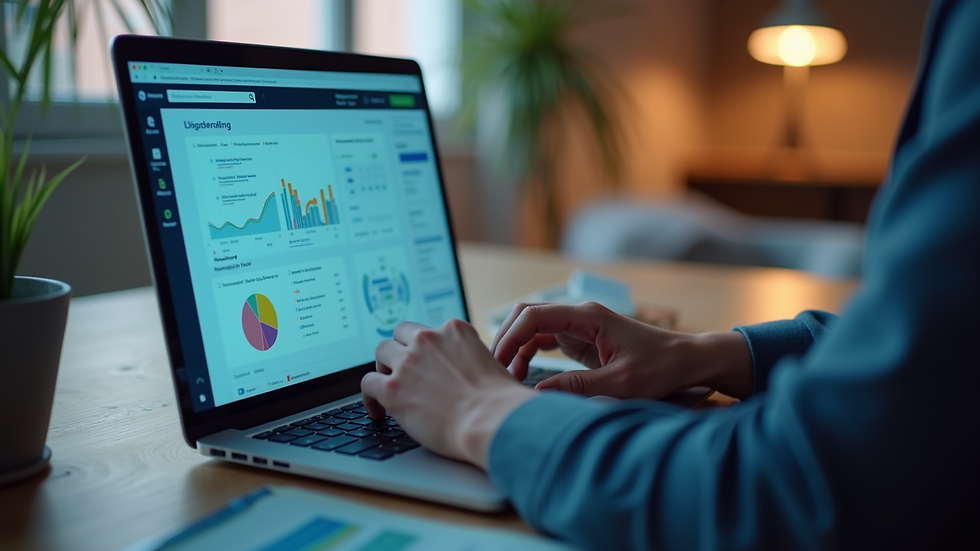 Close-up view of a person typing on a laptop with a digital marketing dashboard on screen
