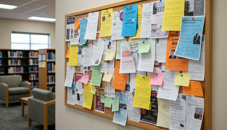 Wide-angle view of a community bulletin board filled with flyers and handwritten local event notices.
