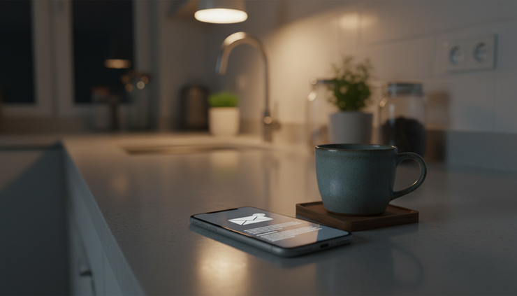 Close-up of a smartphone on a kitchen counter beside a cup of coffee at night.
