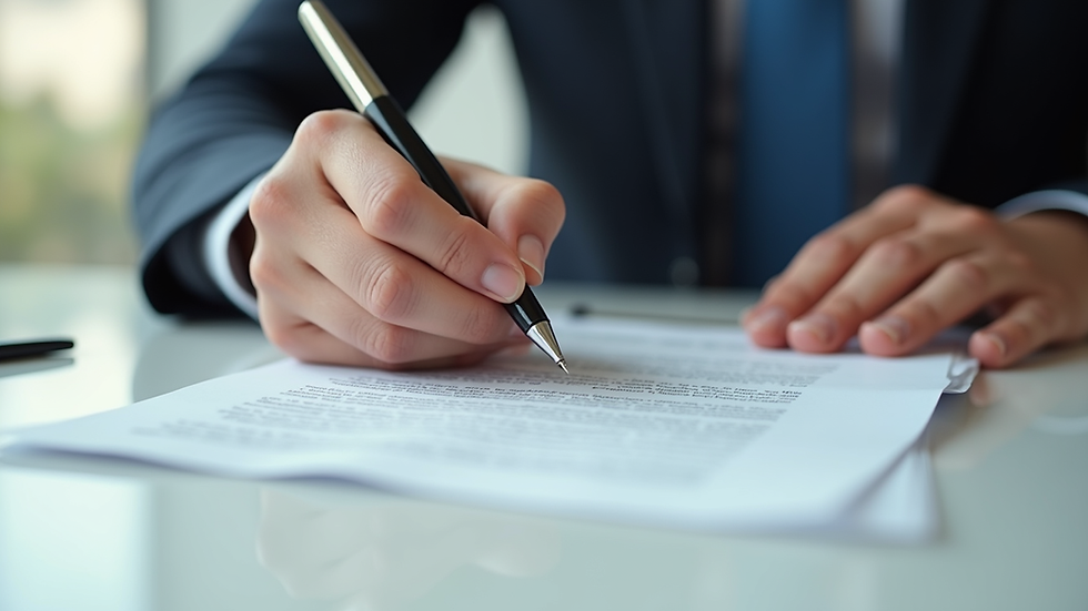 Close-up view of a contract being signed on a desk with a pen