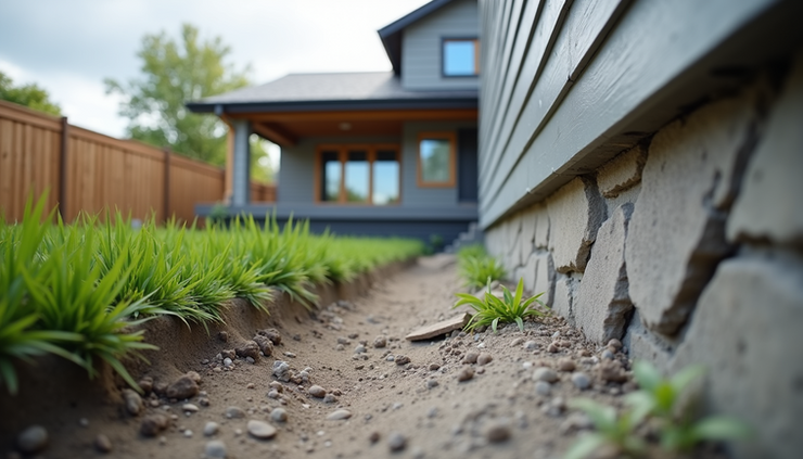Eye-level view of a modern house exterior with visible foundation cracks